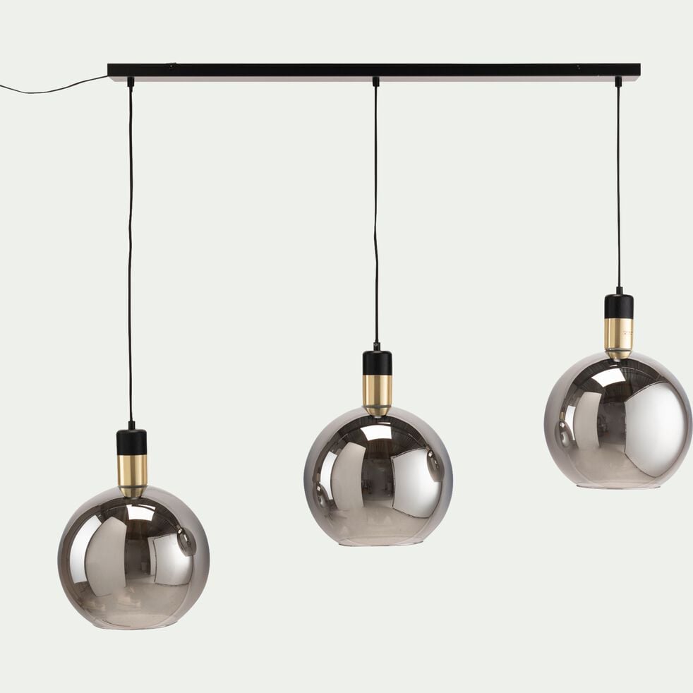 JULIUS - Suspension électrifiée trois globes en verre fumé et en laiton - noir et doré D28cm