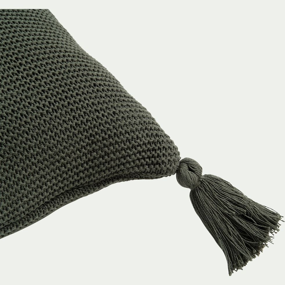 Coussin à pompons tricoté en coton - vert cèdre 35x50cm-BAHIA