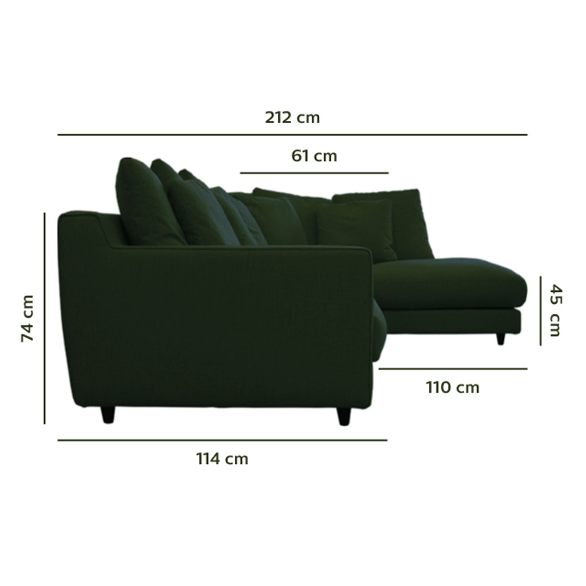 Canapé d'angle droit convertible en tissu joint - vert cèdre-LENITA