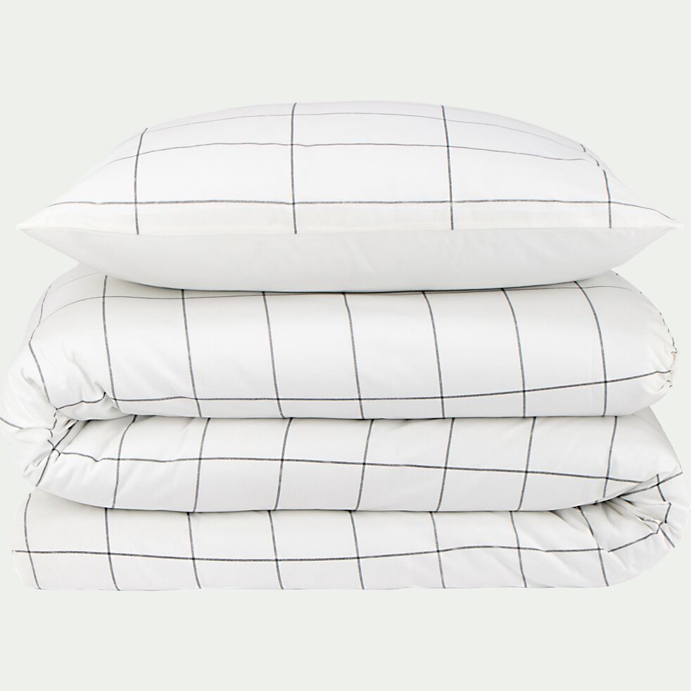 Housse de couette et 2 taies d'oreiller en coton motif carreaux - blanc 240x220cm-CARRELA
