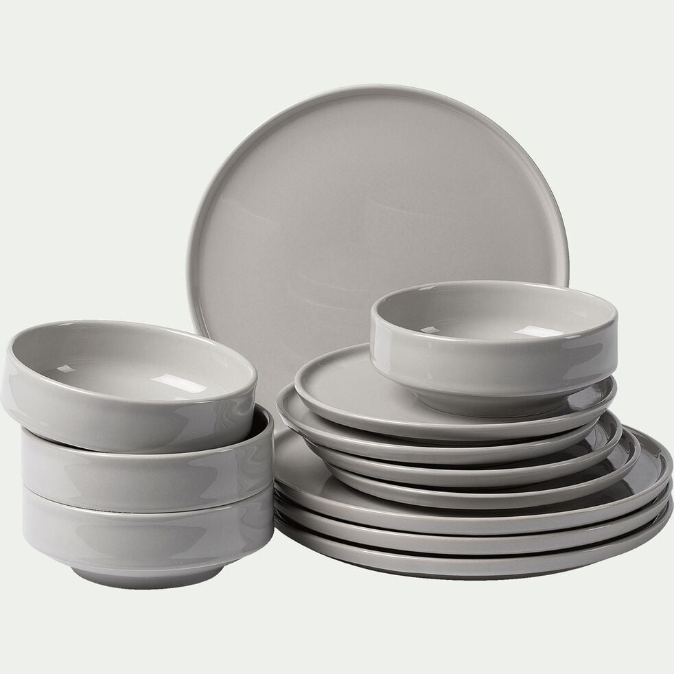 Coffret de vaisselle 12 pièces en faïence - gris borie-VADIM