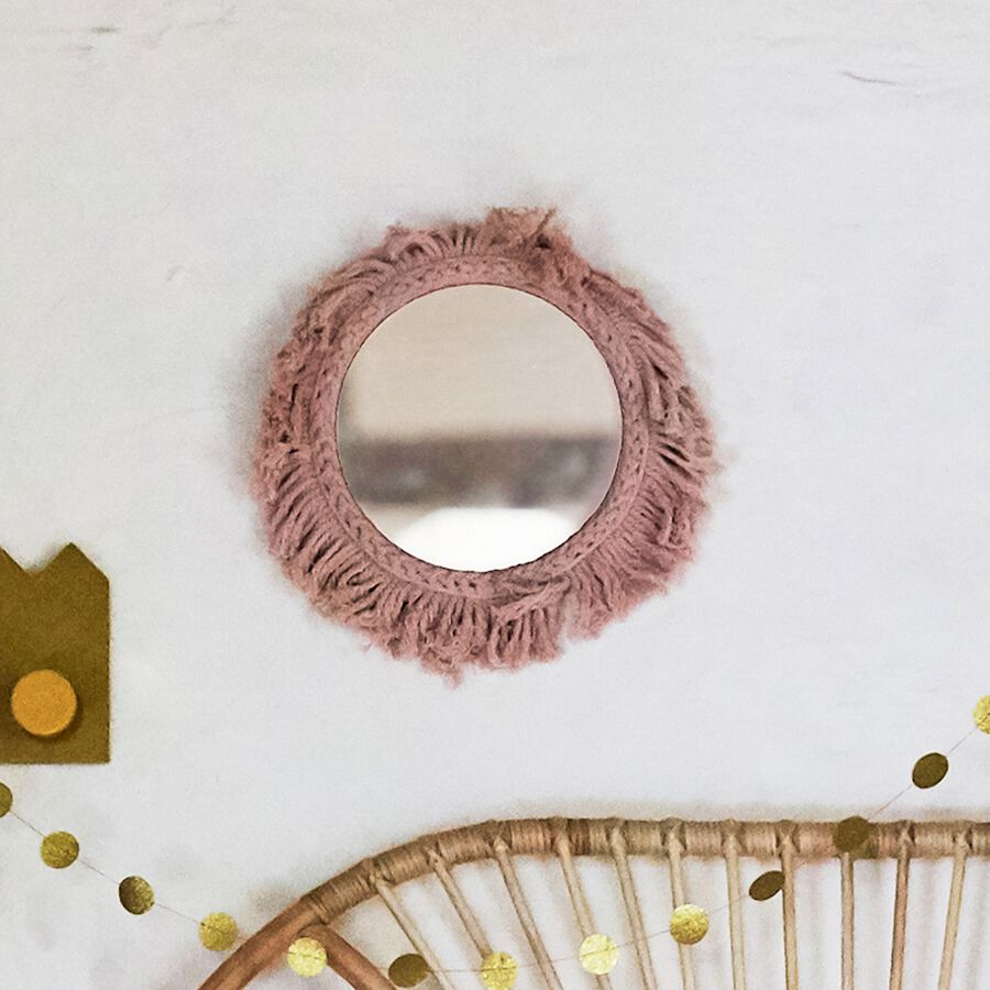 Miroir mural avec franges en coton - rose rond d35cm-LOUIS