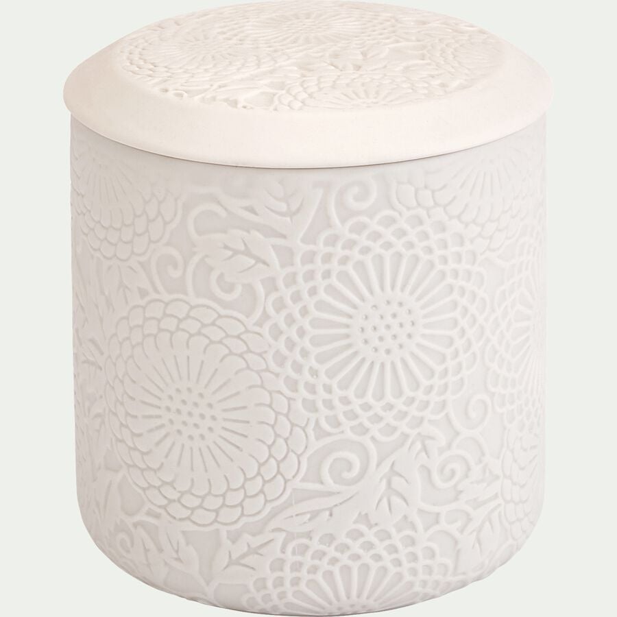 Boîte déco gravure florale en grès - blanc D10xH11cm-MANDAWA