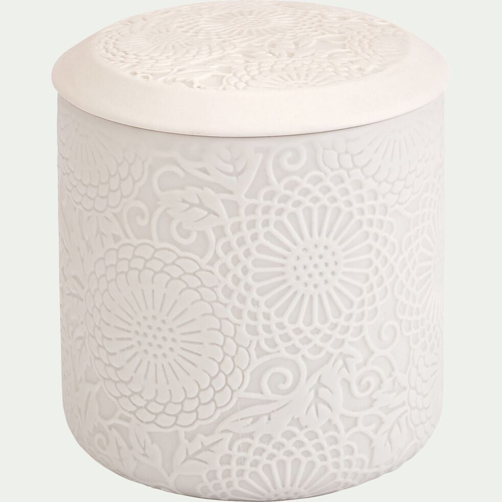 Boîte déco gravure florale en grès - blanc D10xH11cm-MANDAWA