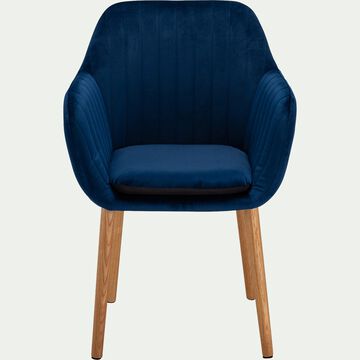 Chaise capitonnée en velours avec accoudoirs piétement bois clair - bleu marine-SHELL