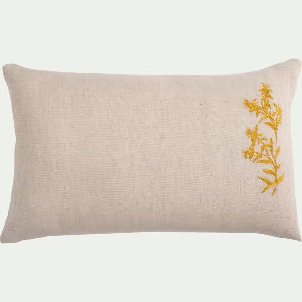 coussin brodé en lin lavé et coton 30x50cm - blanc écru