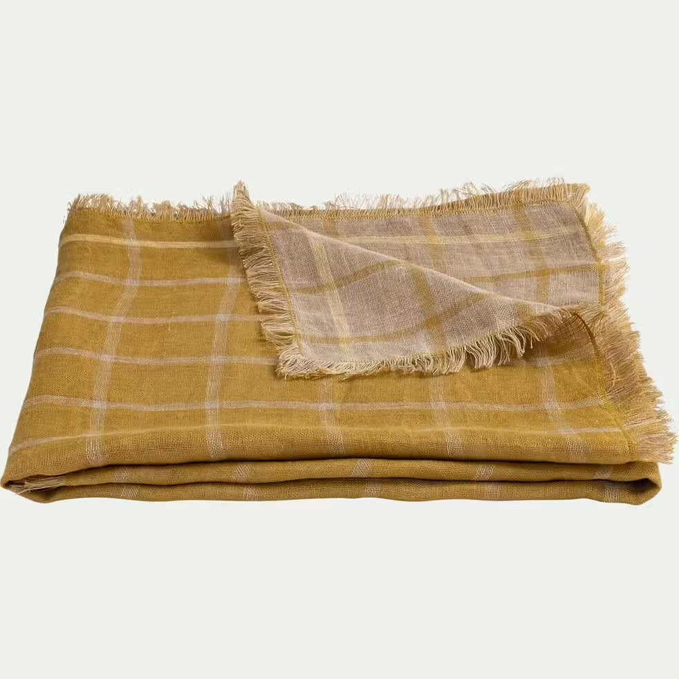 plaid en lin lavé à carreaux finition franges 130x170cm - jaune